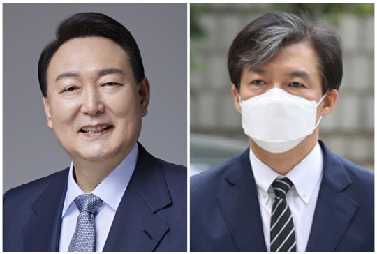 윤석열(왼쪽) 대통령 당선인과 조국 전 법무부 장관. <국민의힘 제공, 연합뉴스>